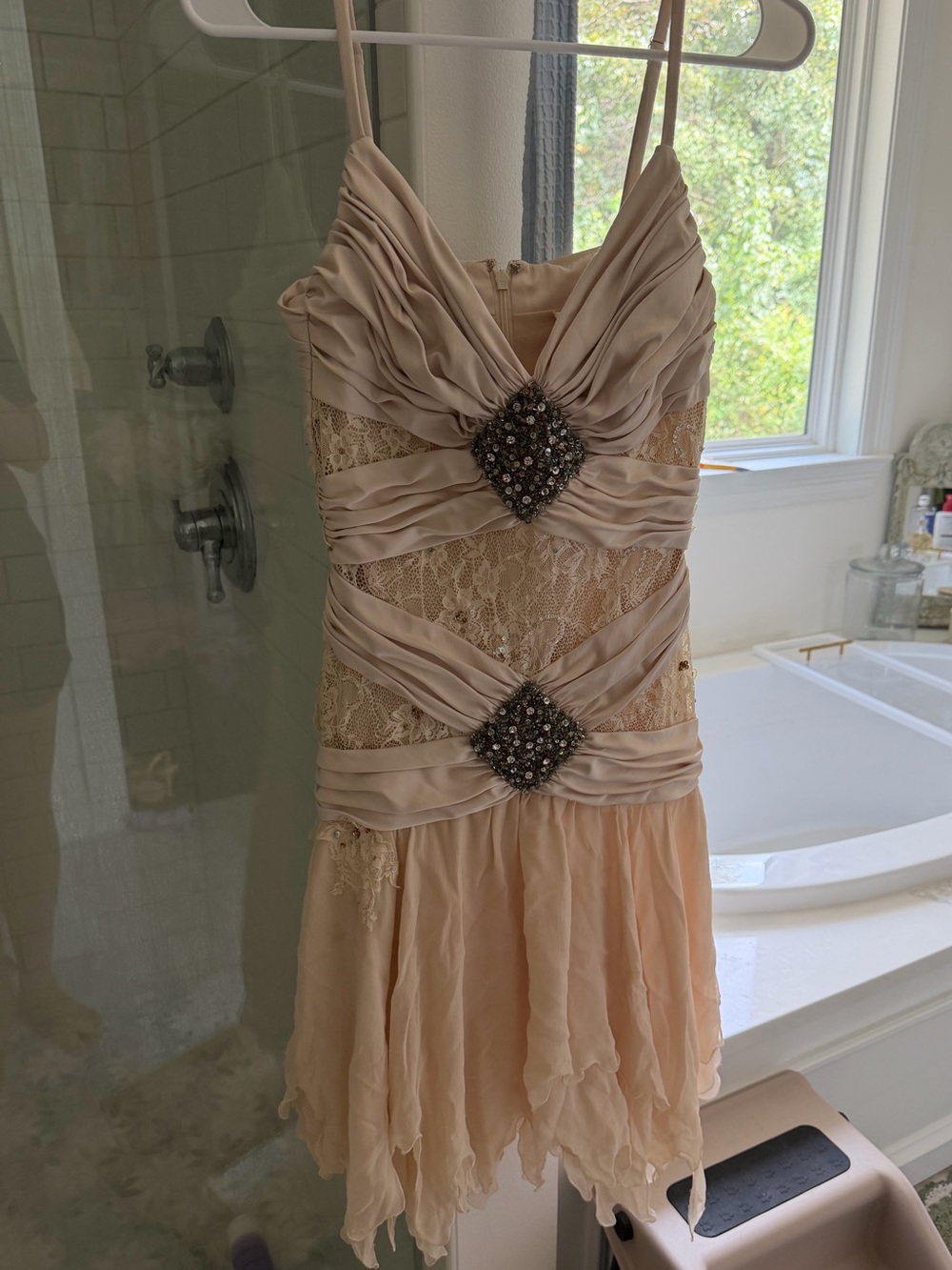 Vintage Y2K Mandalay Silk Ruched Lace Beaded Rhinestone Cocktail Dress